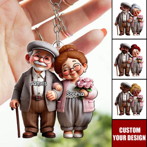 Old Cartoon Couple Holding Hand Personalized Acrylic Keychain - Gift For Couple