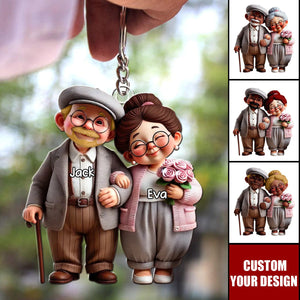 Old Cartoon Couple Holding Hand Personalized Acrylic Keychain - Gift For Couple