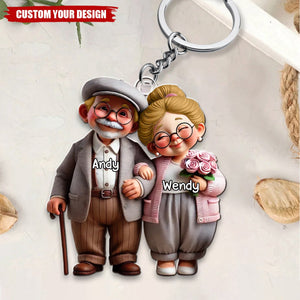 Old Cartoon Couple Holding Hand Personalized Acrylic Keychain - Gift For Couple