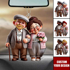 Old Cartoon Couple Holding Hand Personalized Acrylic Car Ornament - Gift For Couple