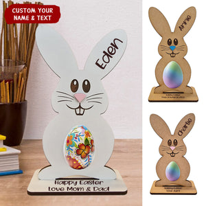 Bunny Holding Easter Egg Personalized Wooden Holder, Easter Gift For Kids Grandkids