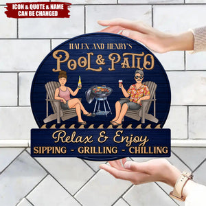 Just A Couple, Pool & Patio Sipping Chilling - Couple Personalized Home Decor Wood Sign