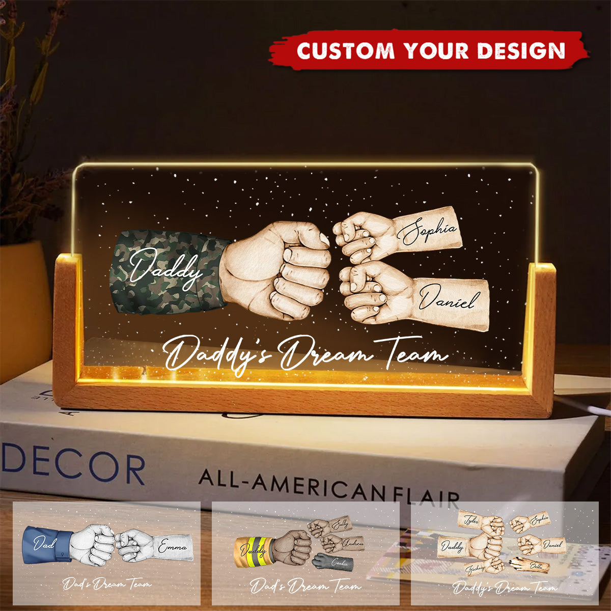 Daddy's Team Fist Bump Personalized U-Base Acrylic LED Night Light, Gift For Dad, Grandpa, Husband