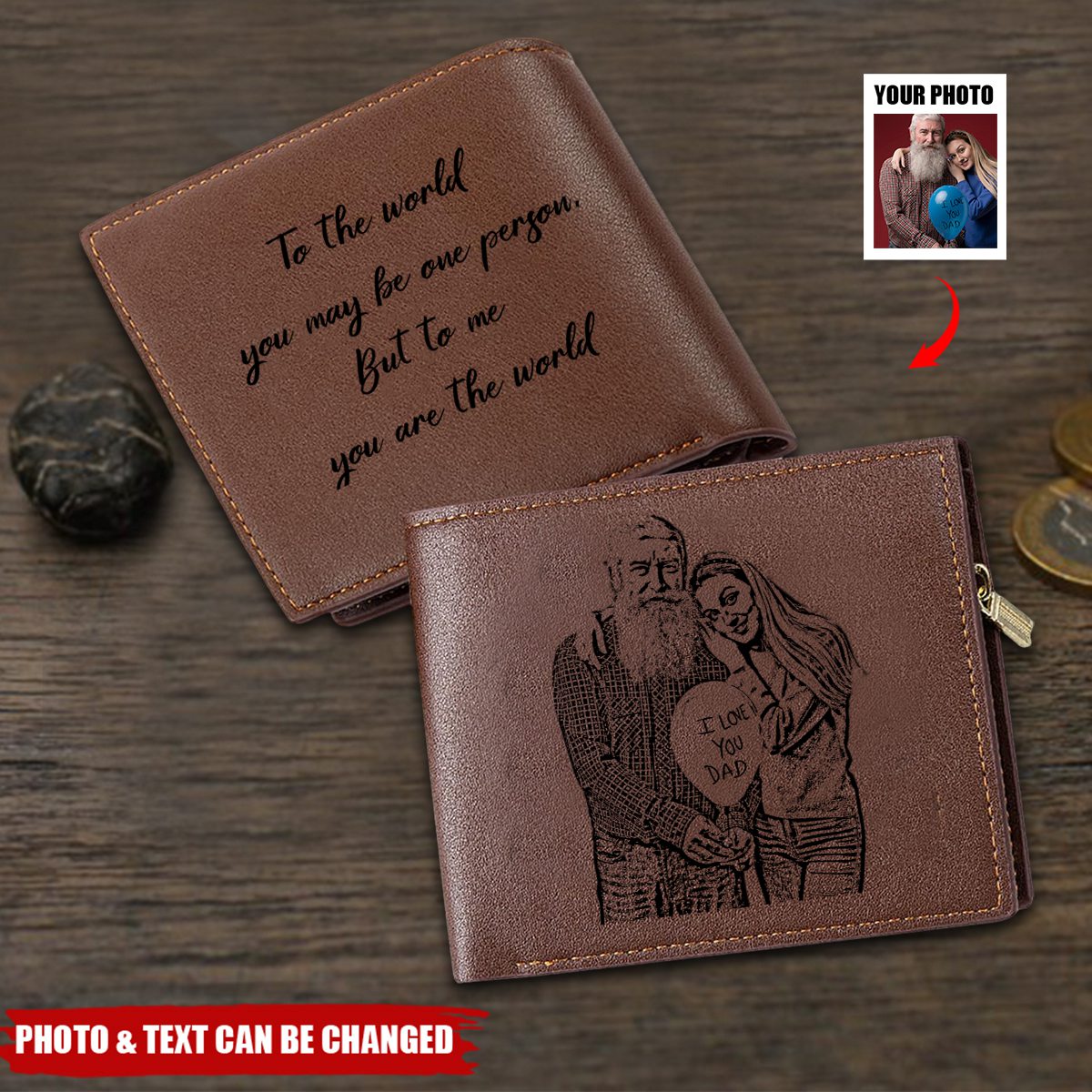 Personalized Photo Trifold Zipper Engraved Wallet For Men