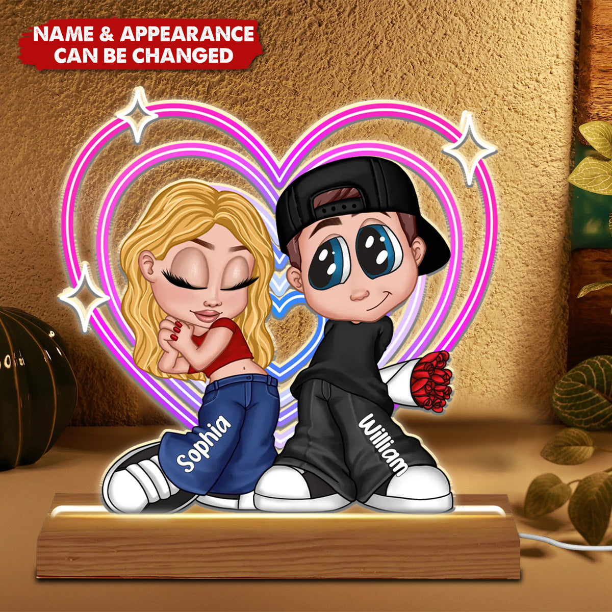 Y2K Couple Retro Heart Personalized Acrylic LED Night Light, Anniversary Gift, Valentine's Day Gift for Him for Her