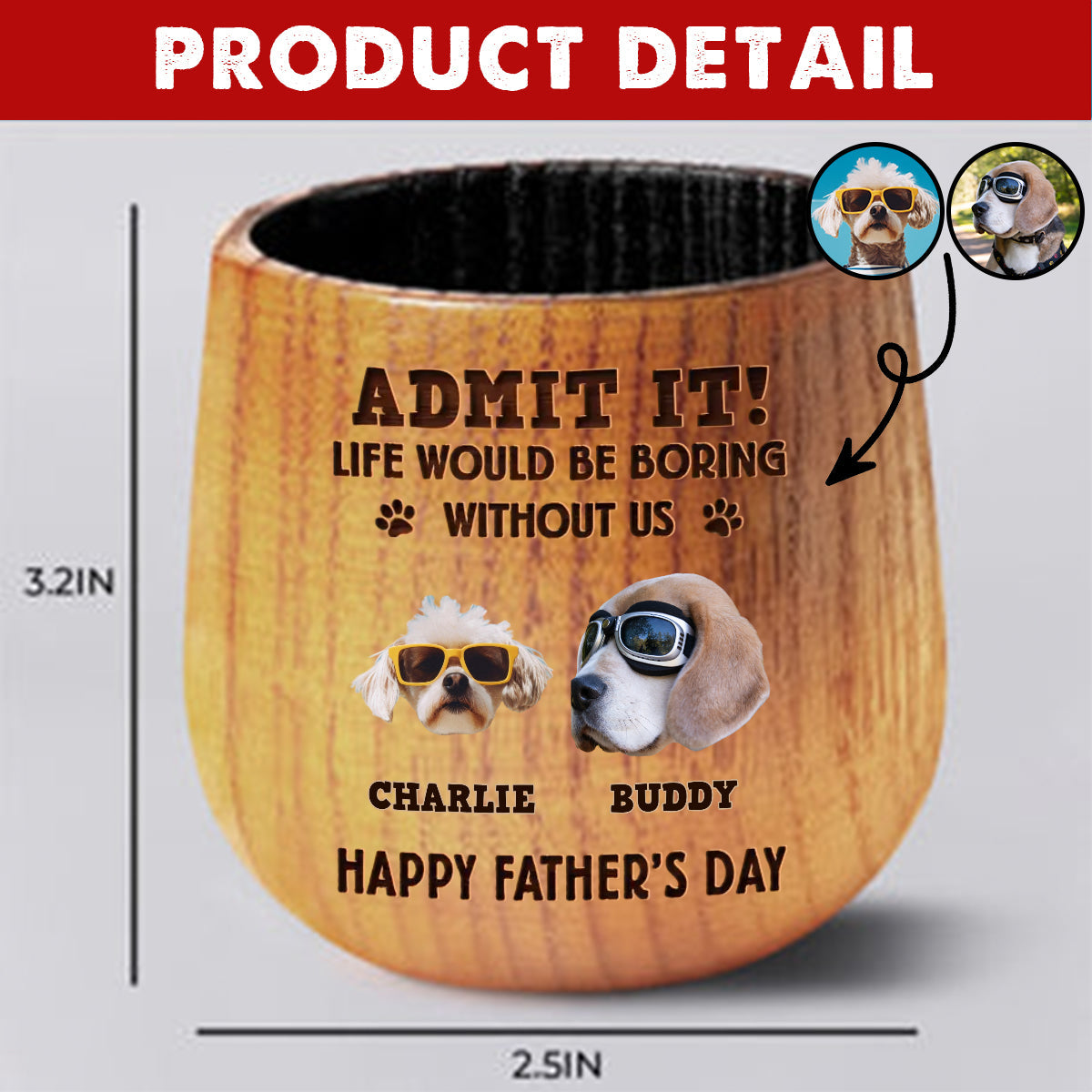 Custom Photo Dog Dad Vibes Only - Dog & Cat Personalized Wooden Whiskey Glass