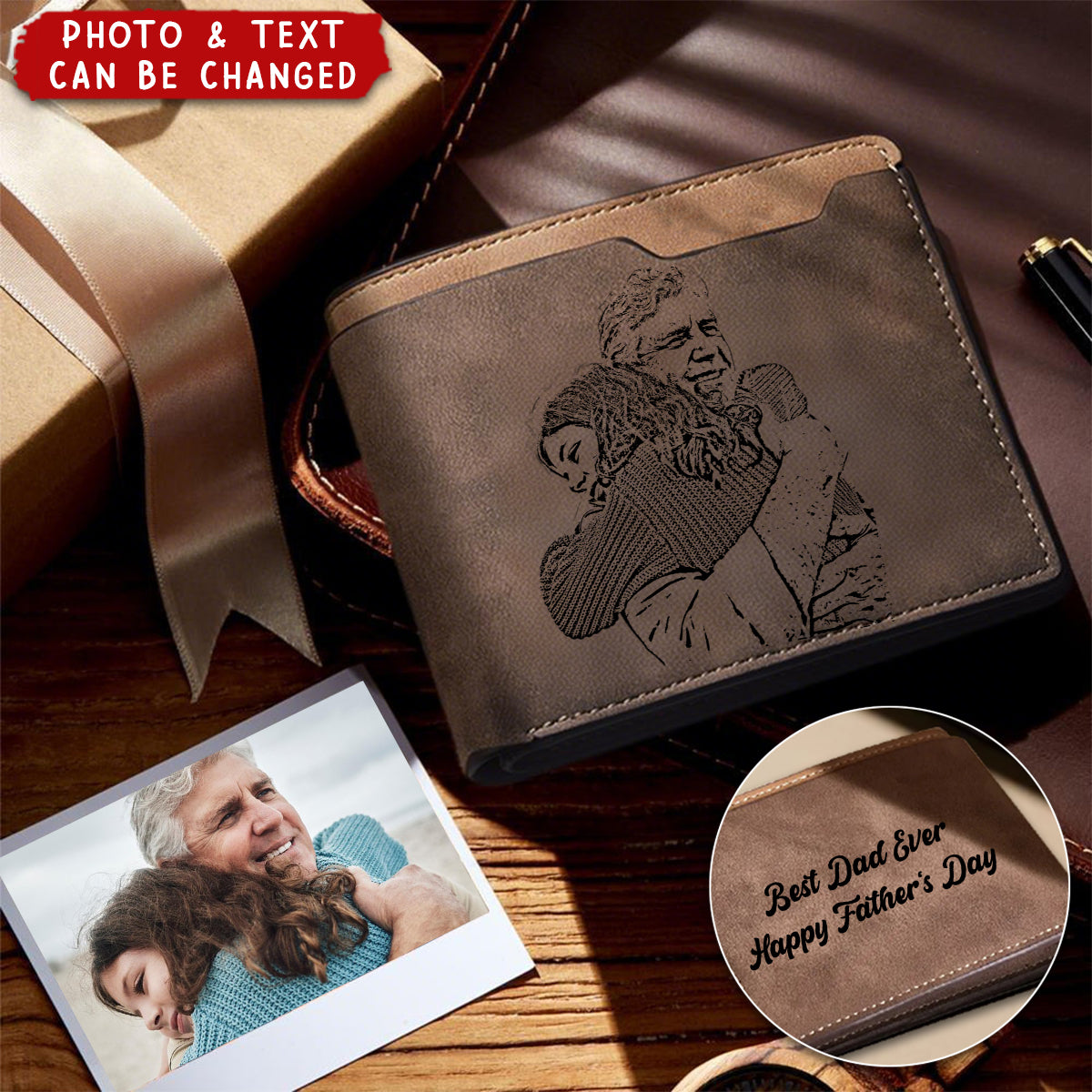 Personalized Engraved Photo Leather Short Wallet For Men