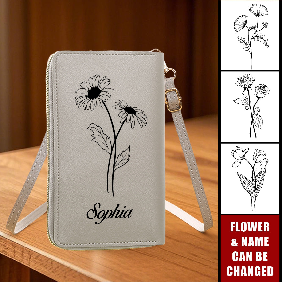 Custom Name And Birth Flower Leather Personalized Touchscreen Phone CrossBody Bags