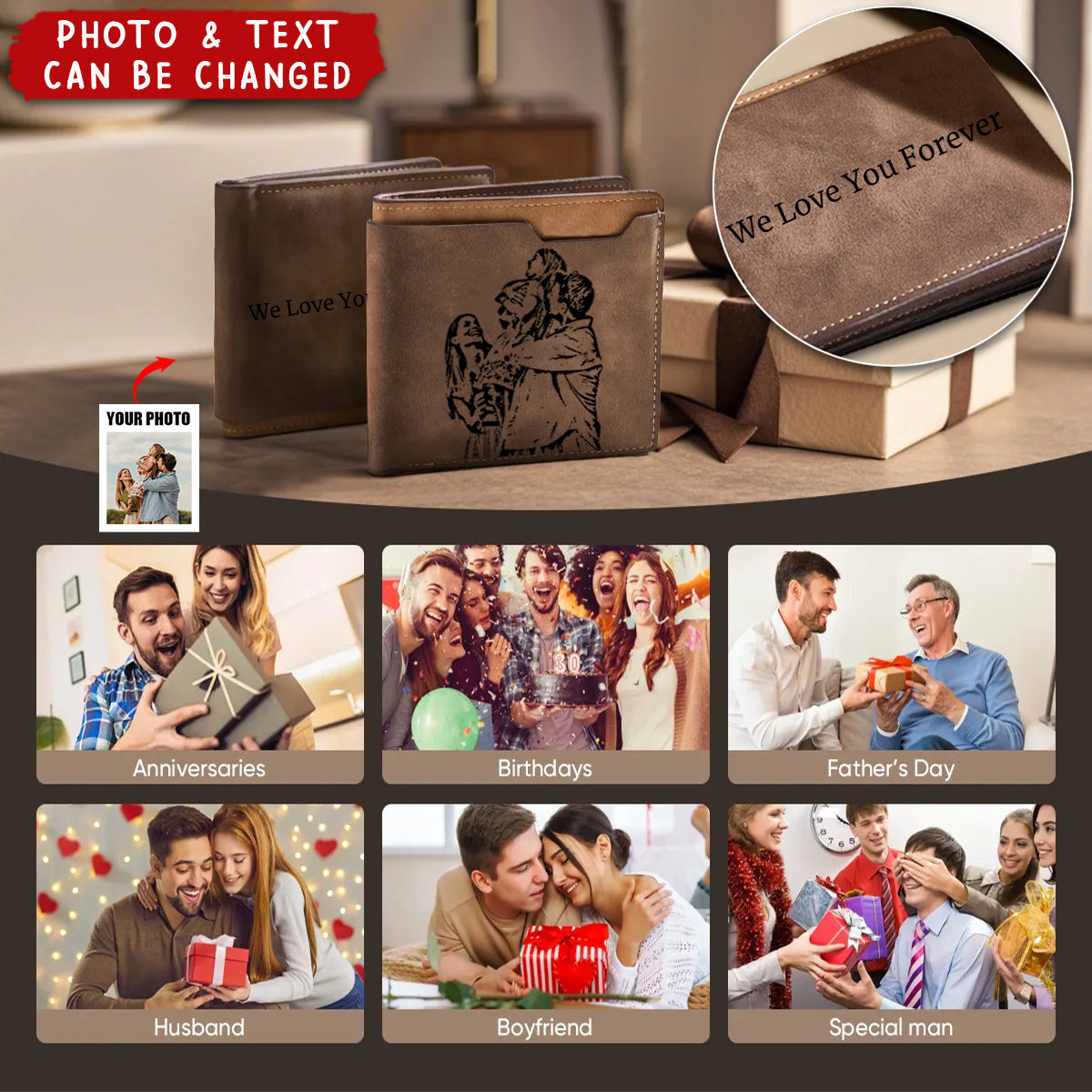 Personalized Engraved Photo Leather Short Wallet For Men