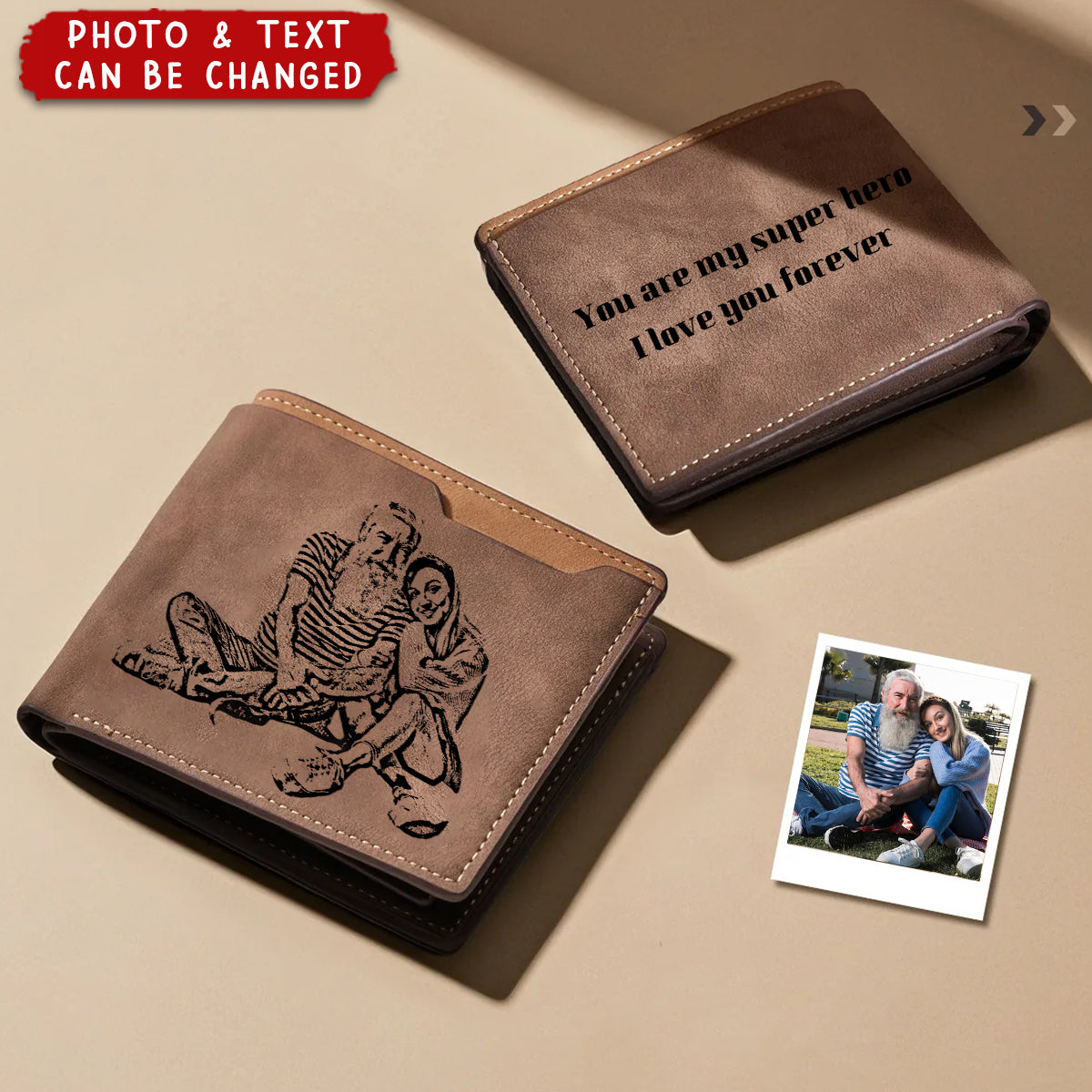 Personalized Engraved Photo Leather Short Wallet For Men