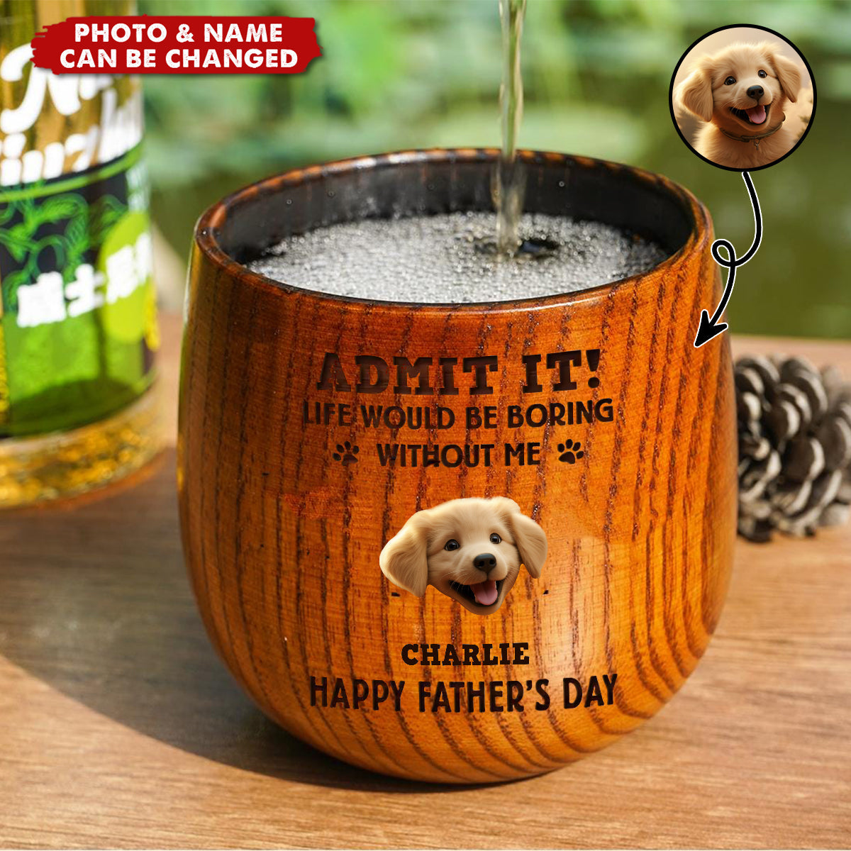 Custom Photo Dog Dad Vibes Only - Dog & Cat Personalized Wooden Whiskey Glass