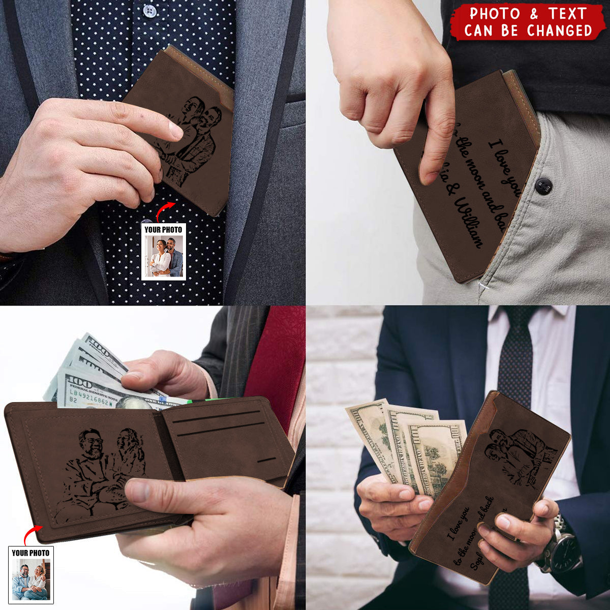 Personalized Engraved Photo Leather Short Wallet For Men