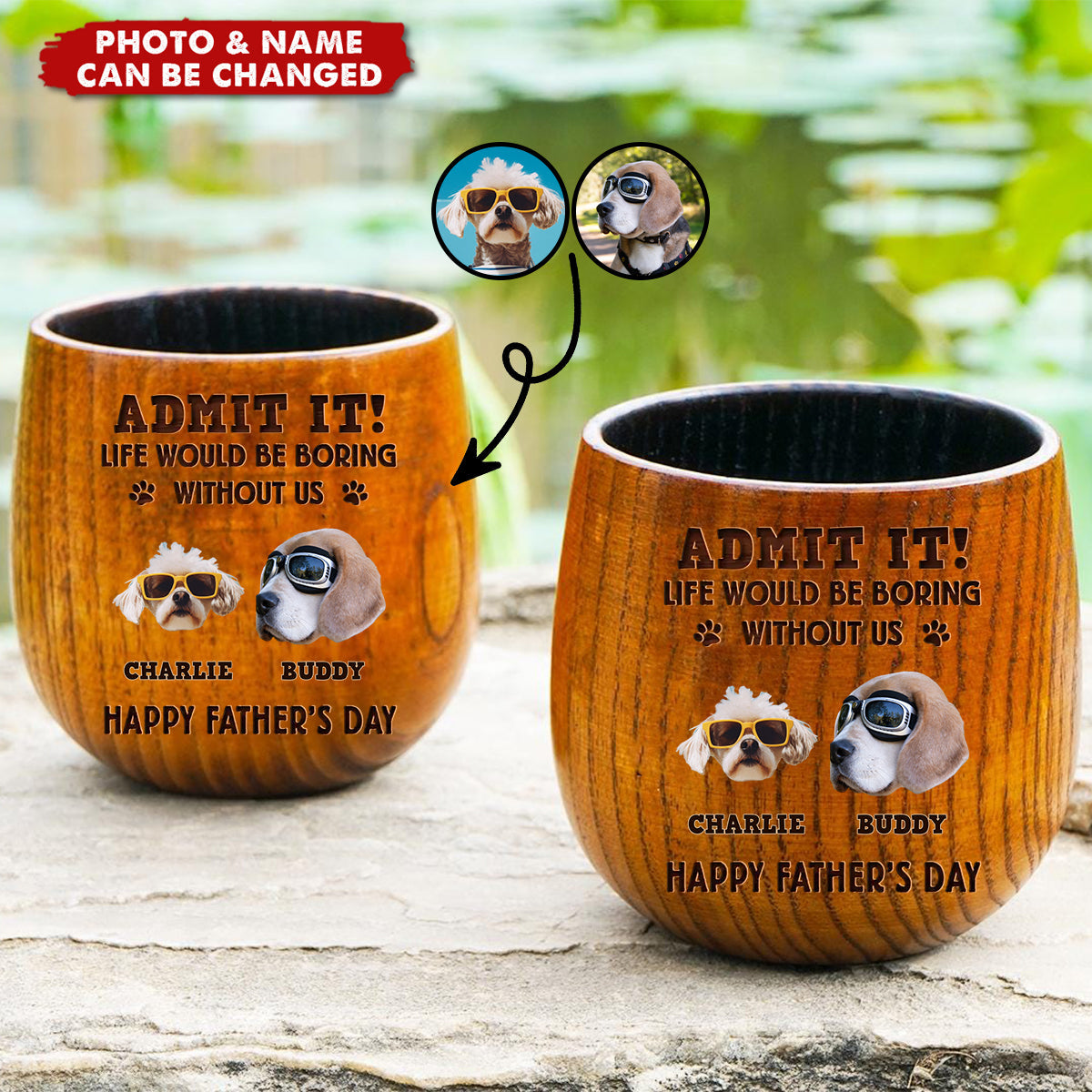 Custom Photo Dog Dad Vibes Only - Dog & Cat Personalized Wooden Whiskey Glass